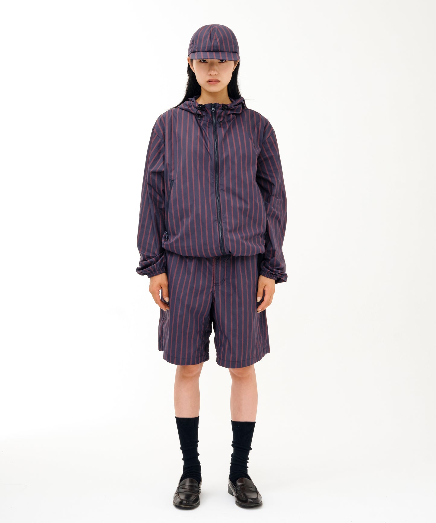 Stripe Nylon Hooded Jacket (NAVY)