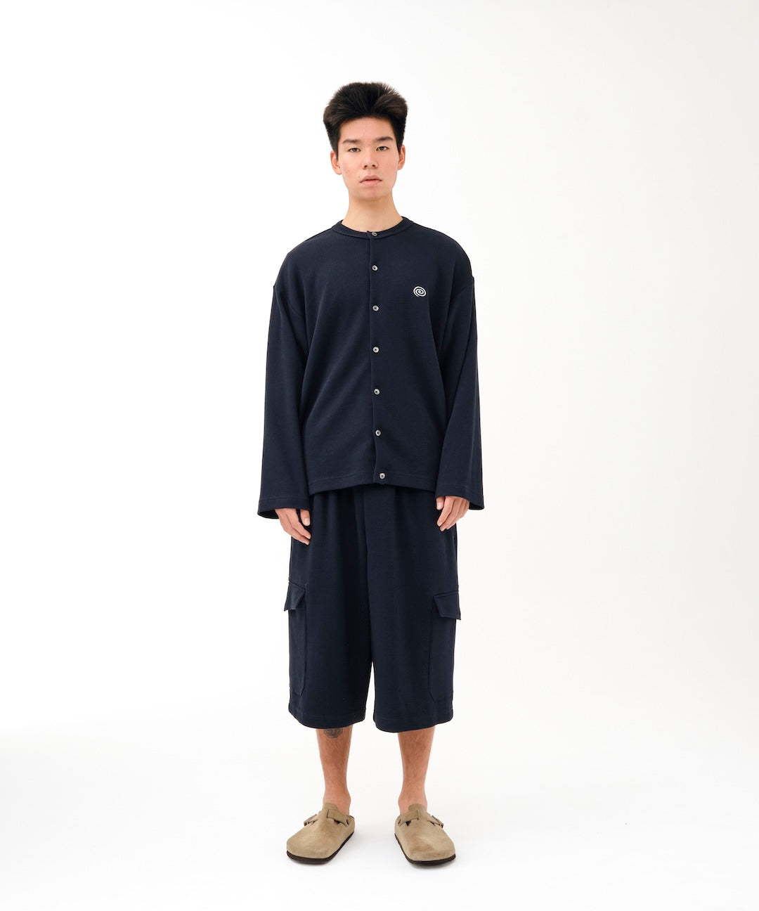 Waffle Crewneck Cardigan (NAVY)