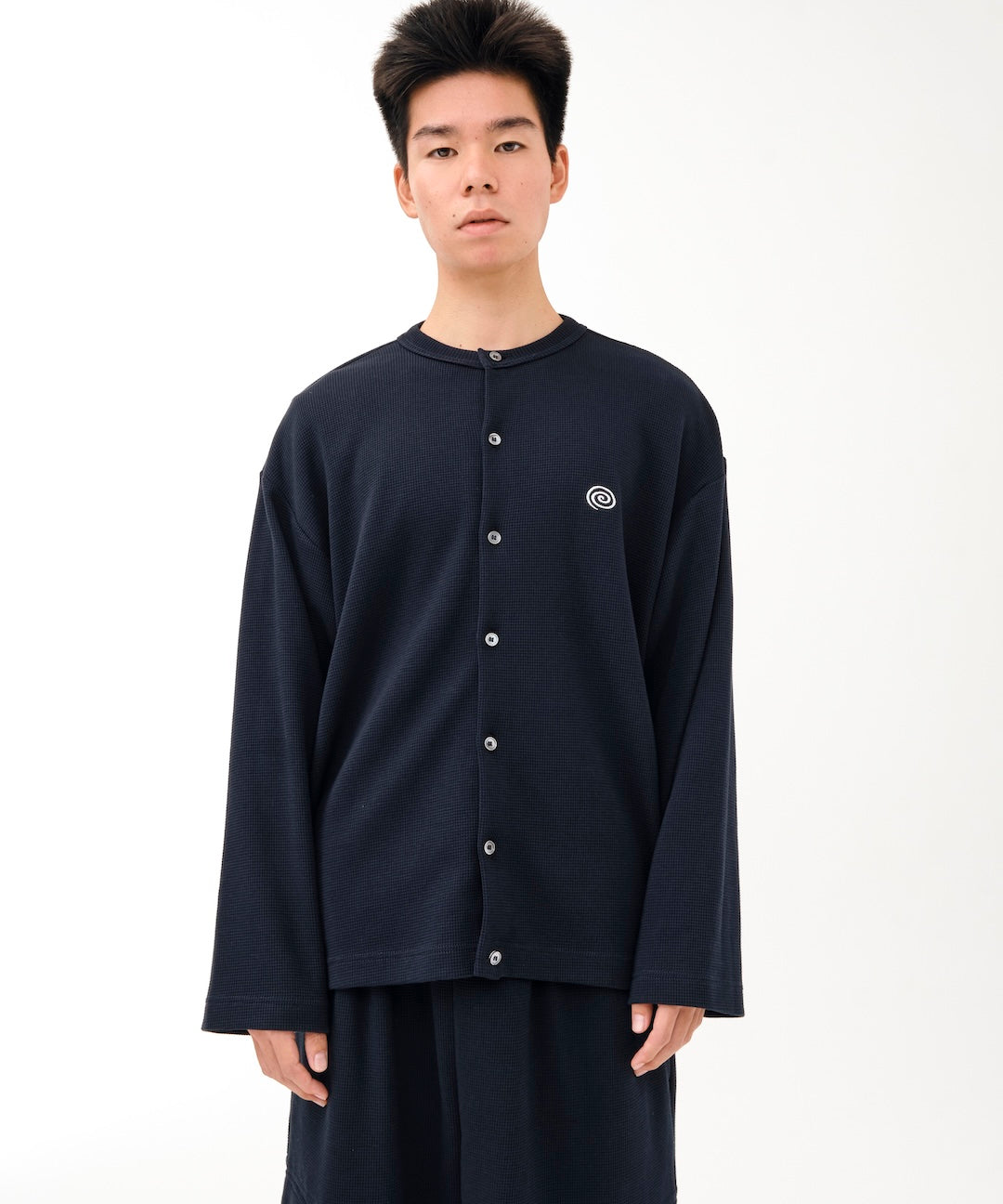 Waffle Crewneck Cardigan (NAVY)