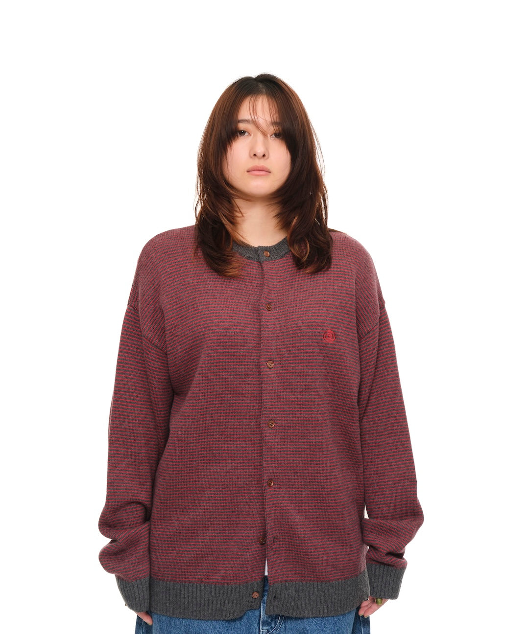 Knitted Border Cardigan (BURGUNDY&CHARCOAL)