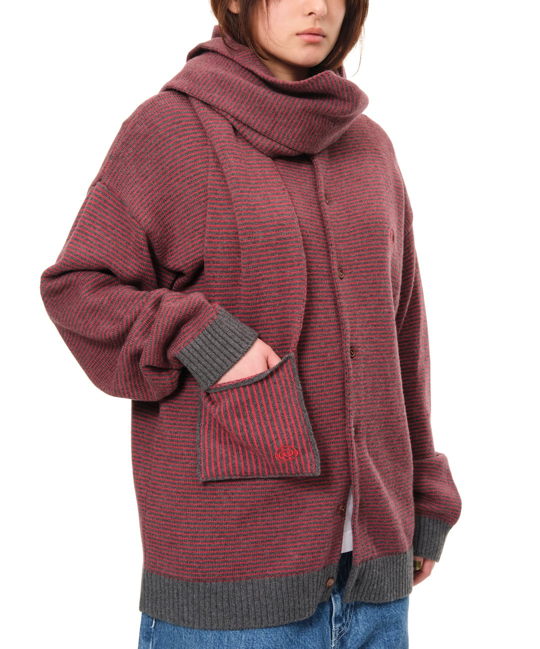 Knitted Border Scarf (BURGUNDY&CHARCOAL)