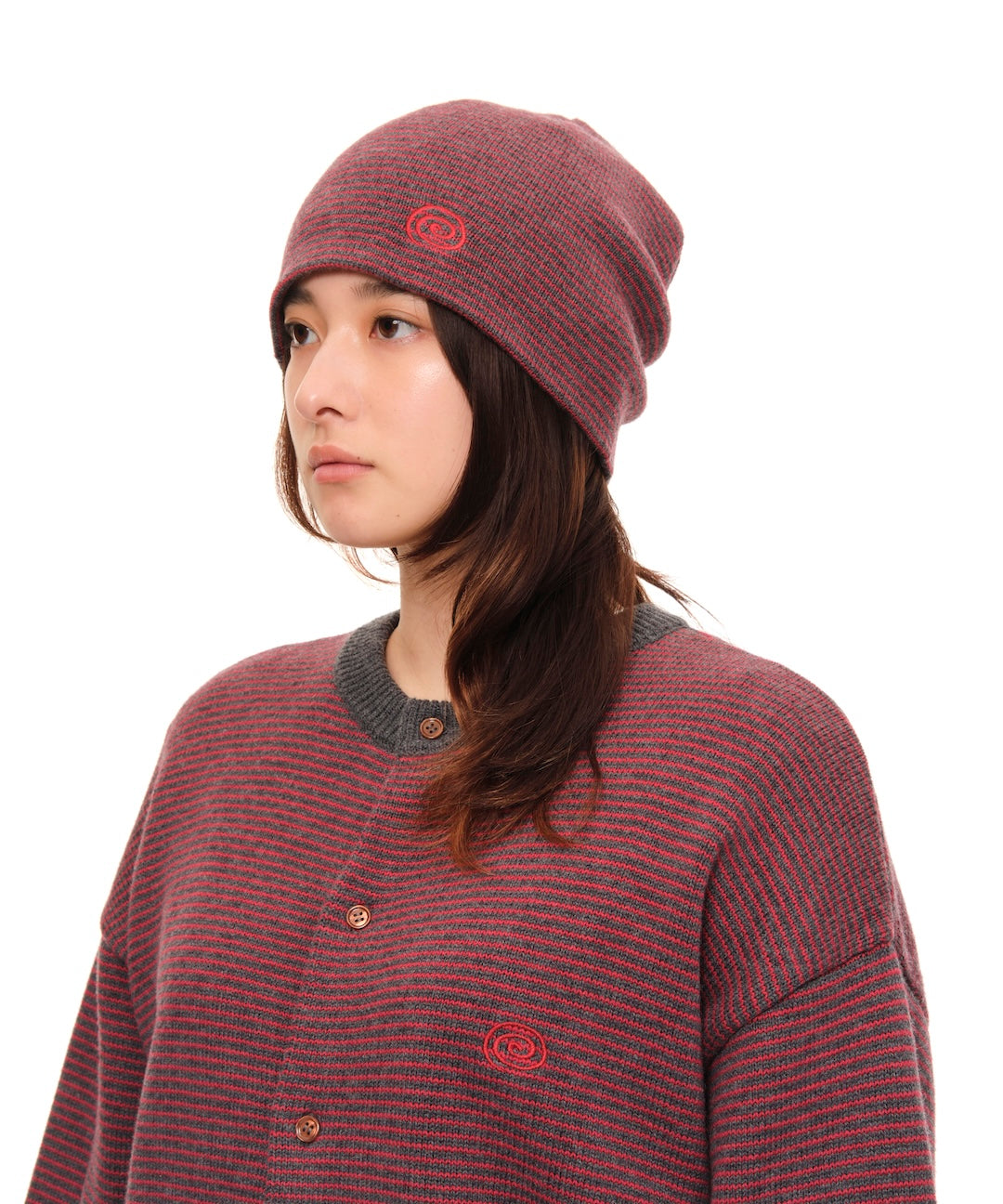 Knitted Border Beanie (BURGUNDY&CHARCOAL)