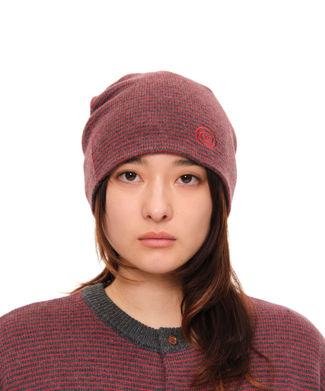 Knitted Border Beanie (BURGUNDY&CHARCOAL)